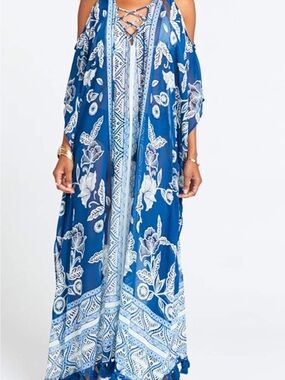 Blue Floral Lace-Up Cold-Shoulder Swim Coverup